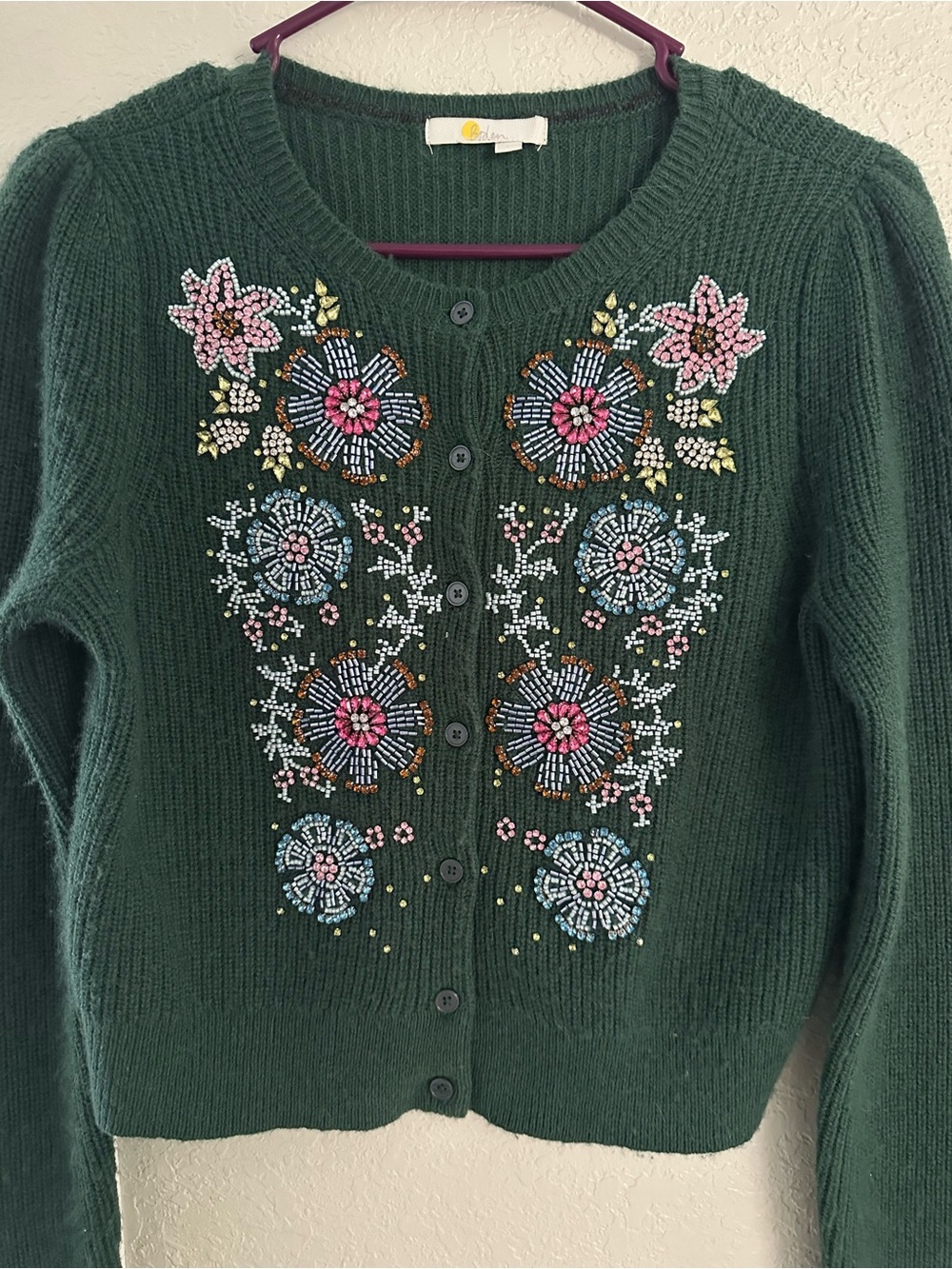 Boden Dark Green Beaded Floral Crewneck Cardigan